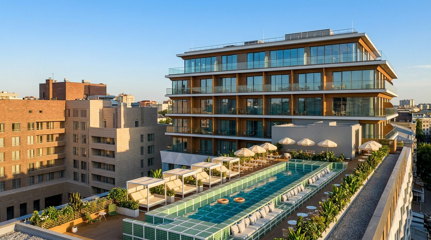 Rooftop swimming pool at Social Hub with green tiles, sun loungers and the hotel building behind